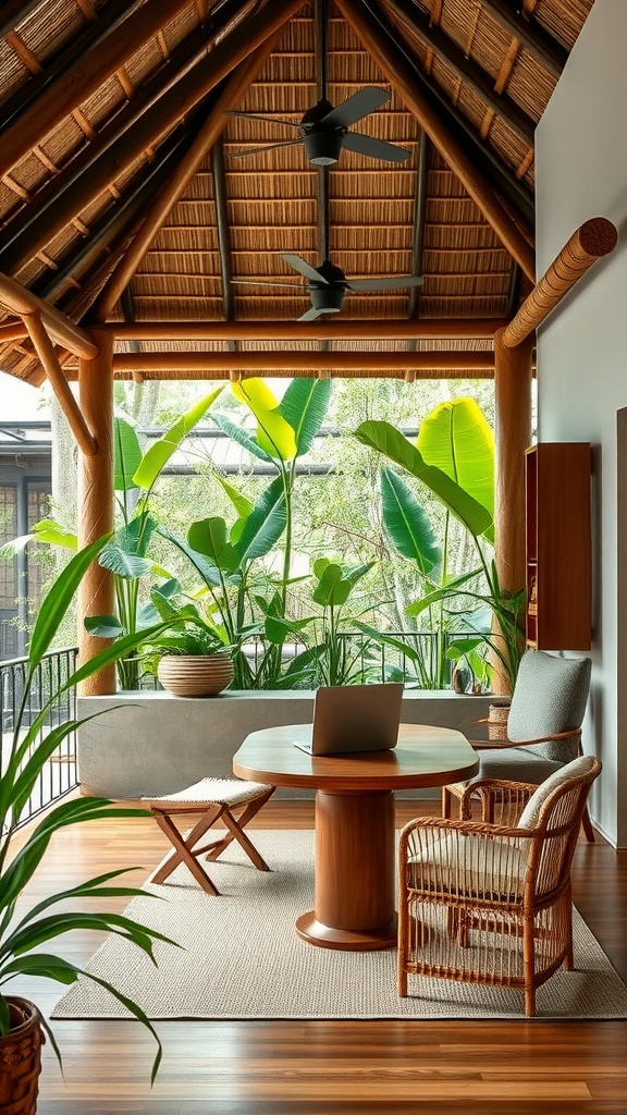 A bright home office featuring large windows, natural wood decor, and indoor plants typical of Balinese open-air architecture.