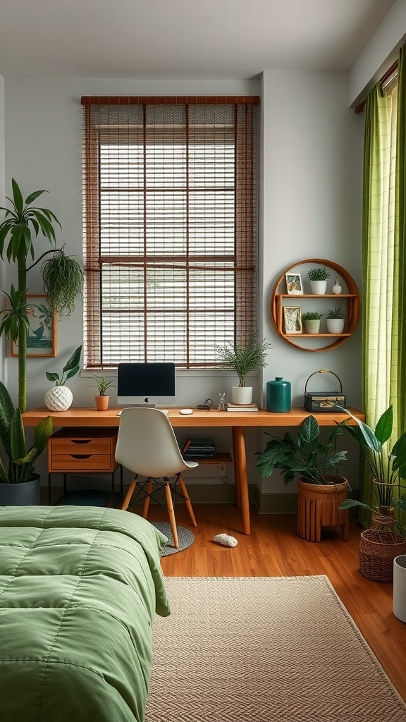 Cozy bamboo-inspired workspace in a bedroom with natural elements and warm tones.