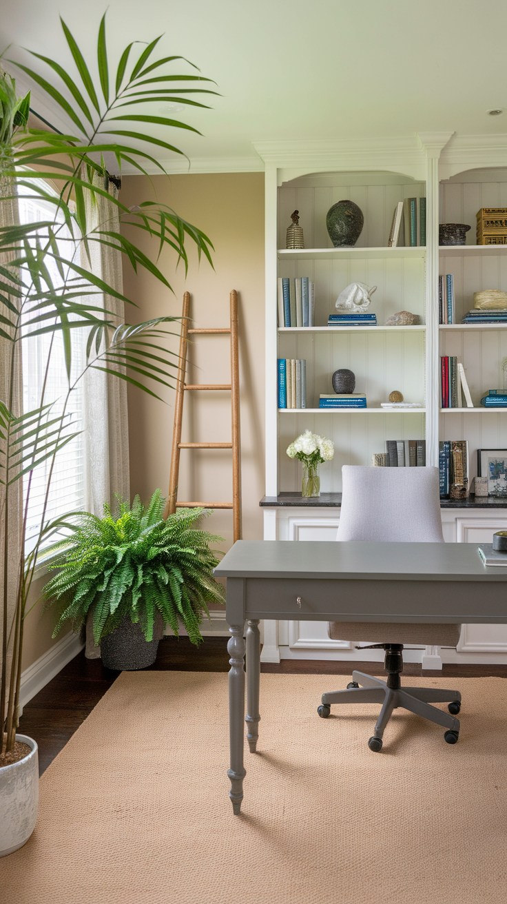 A stylish home office with a Bamboo Palm and a fern, featuring a gray desk and shelves.