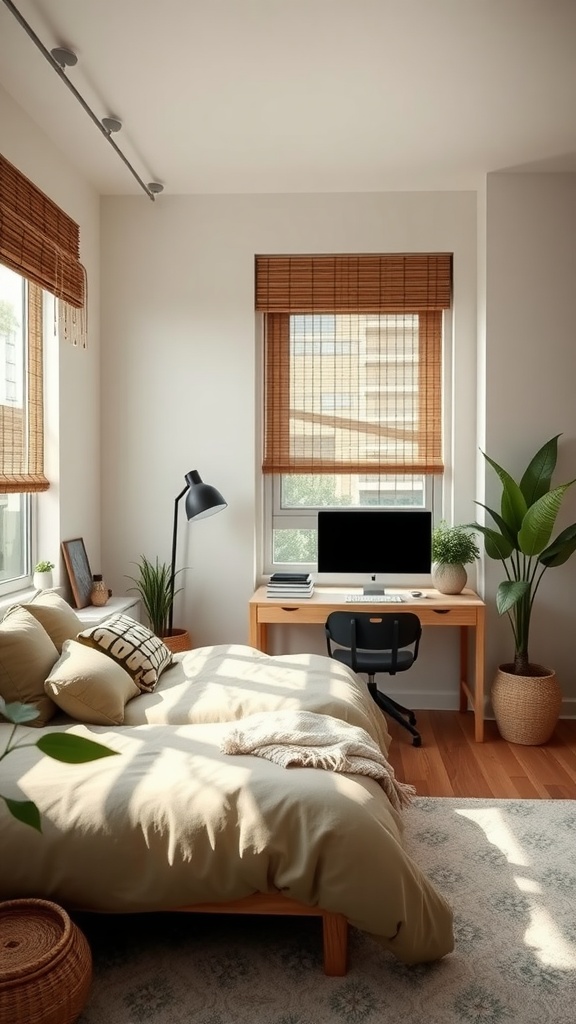 Cozy bedroom with bamboo shades and olive decor, featuring a desk and warm lighting.