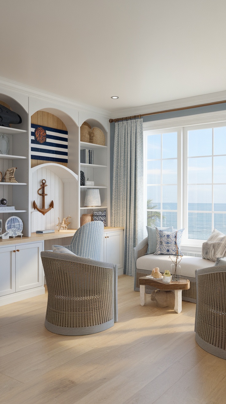 A serene beach house inspired home office with large windows overlooking the ocean, featuring stylish seating and decorative shelving.