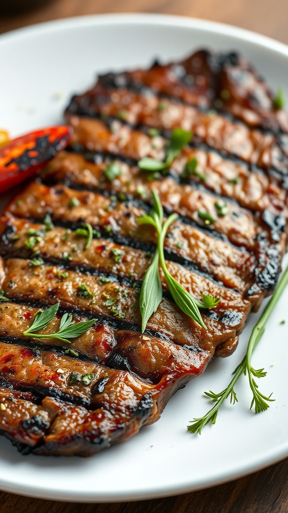 A beautifully grilled steak garnished with herbs on a white plate.