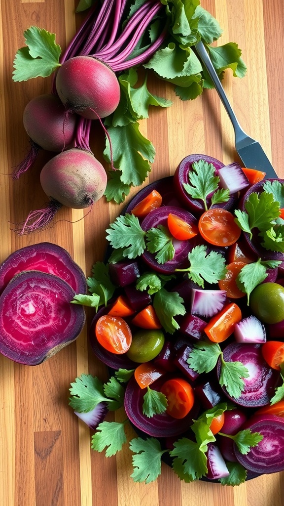 A vibrant beet salad with chopped tomatoes, cilantro, and fresh beets on a wooden cutting board.