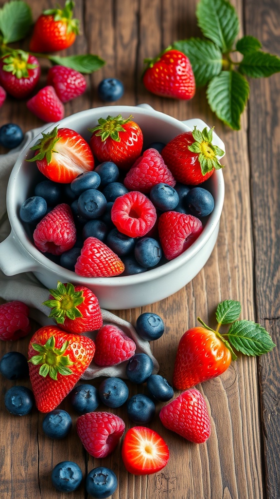 A variety of fresh berries including strawberries, blueberries, and raspberries in a bowl on a wooden table.