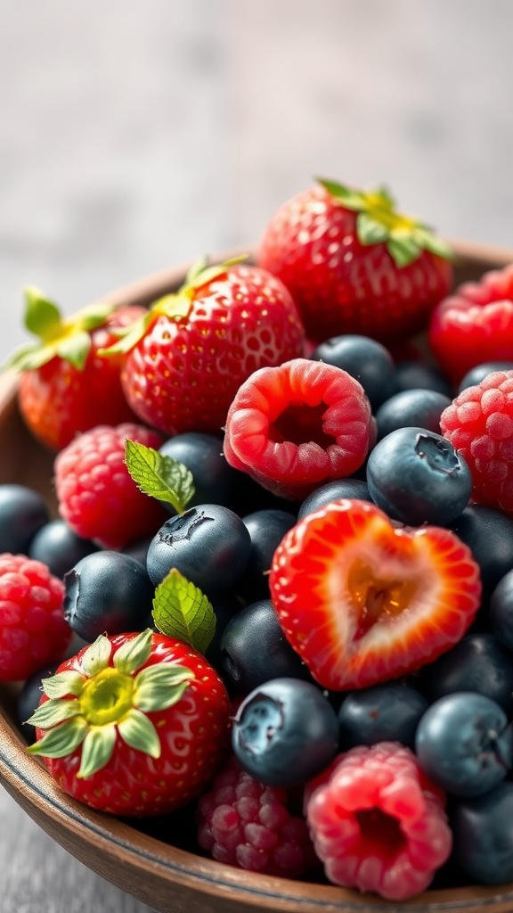 A bowl filled with fresh strawberries, blueberries, and raspberries