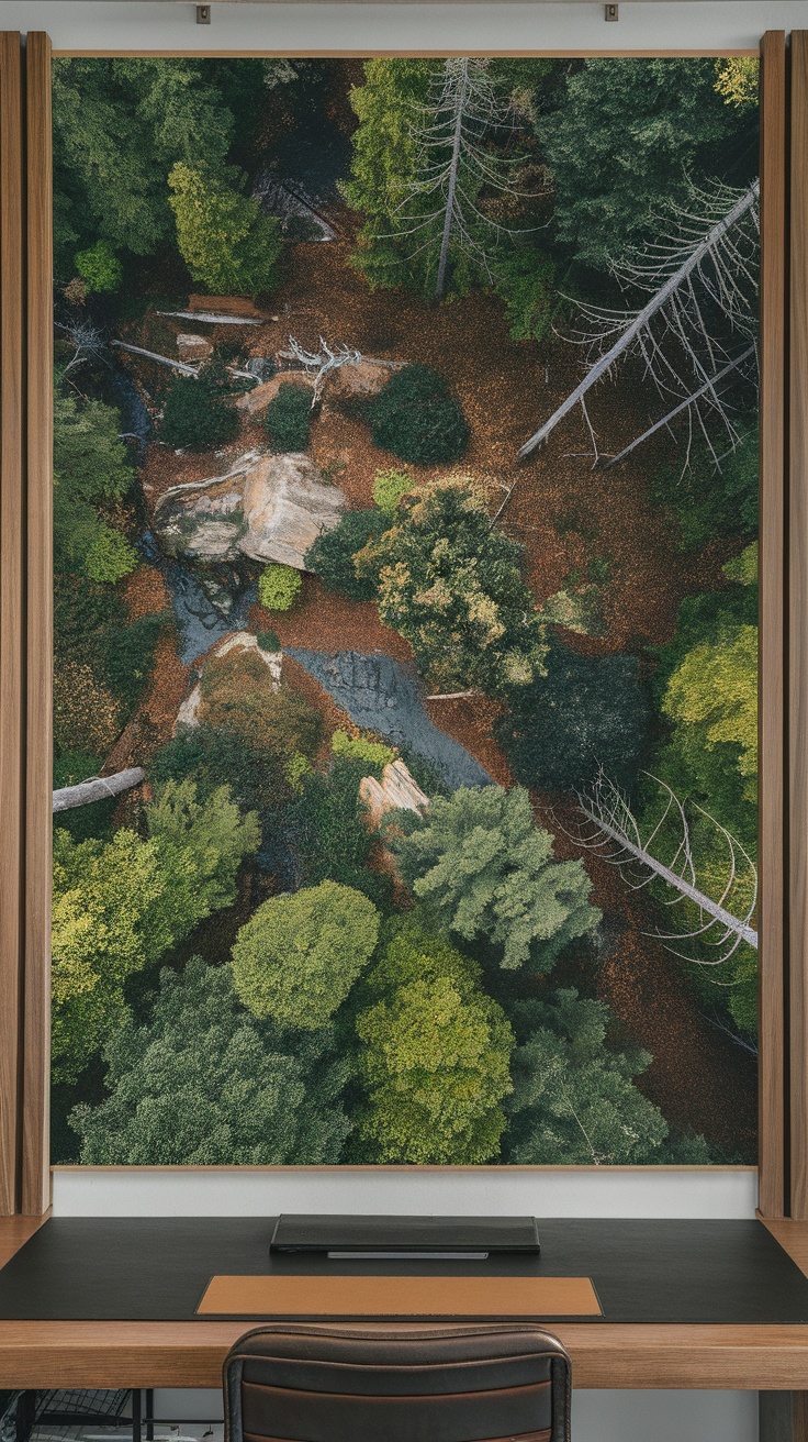 Bird's eye view of a dense forest with a stream and rocky outcrops