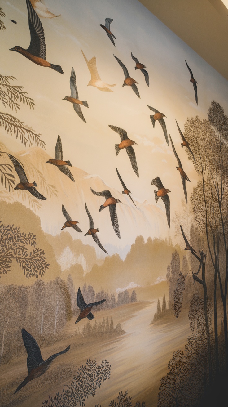 A mural depicting birds in flight over a tranquil landscape, featuring warm tones and detailed scenery.