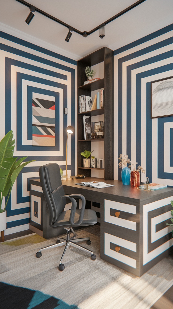 A modern home office featuring bold geometric patterns on the walls, a stylish desk with storage, a comfortable chair, and decorative shelves.