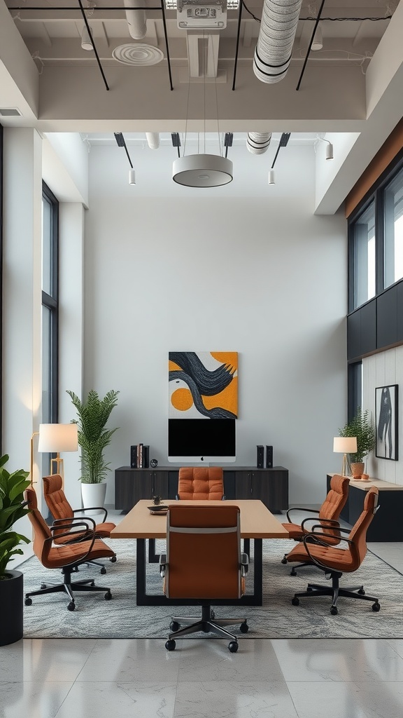 A modern executive office featuring an urban loft style with large windows, exposed ductwork, and luxury office furniture.