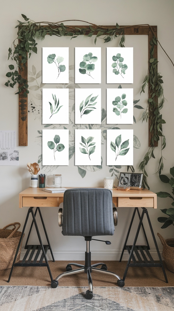 A collection of botanical watercolor art pieces displayed in a home office setting with a desk and chair.