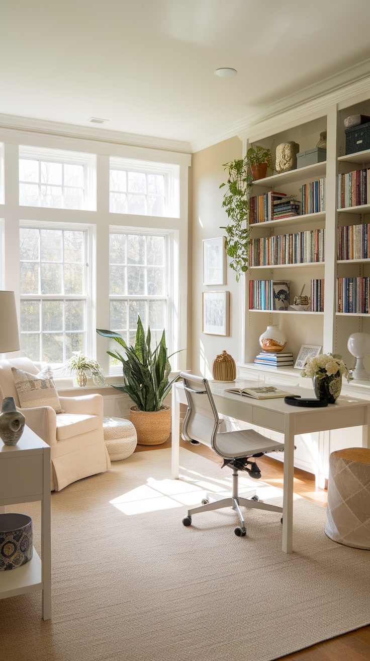 Bright and airy home office with large windows, plants, and modern decor