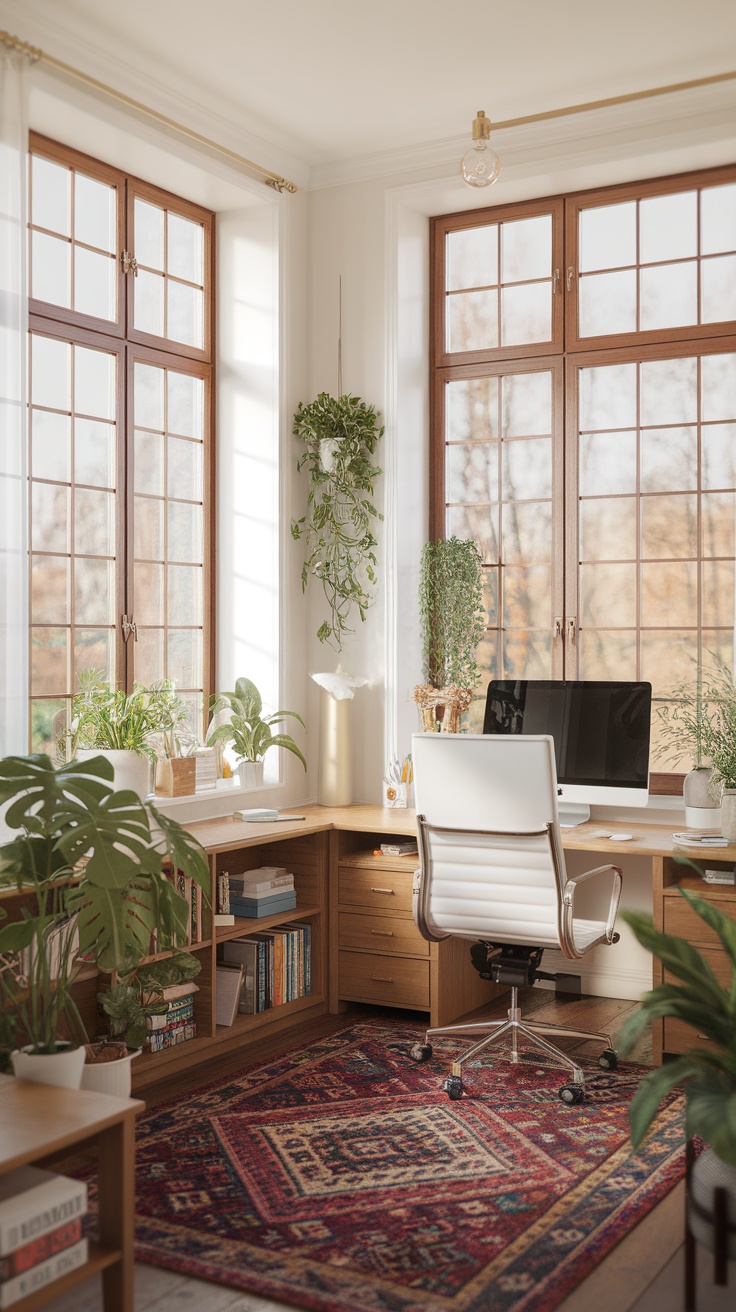 Bright and airy home office with large windows, wooden desk, plants, and a colorful rug