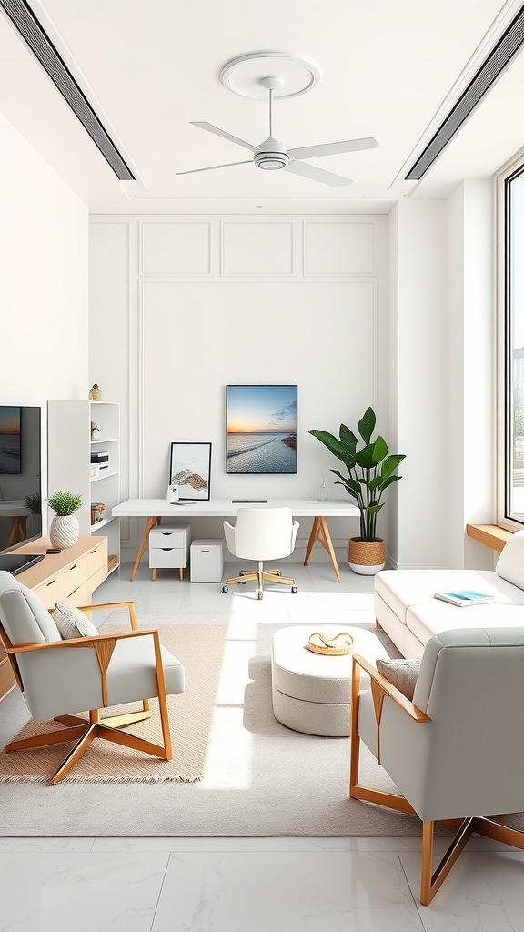 A bright, modern executive office with natural light, luxury furniture, and a coastal aesthetic.