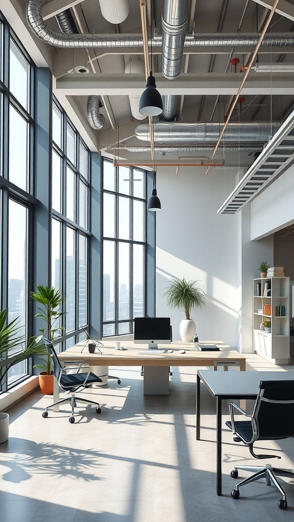 Bright industrial office with large windows, wooden desk, and modern furnishings.