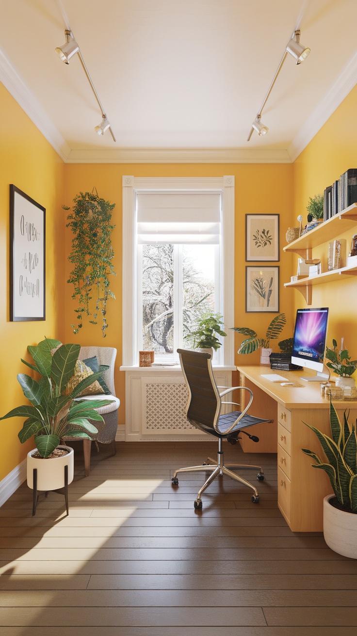 A bright yellow home office with a desk, chair, plants, and window.