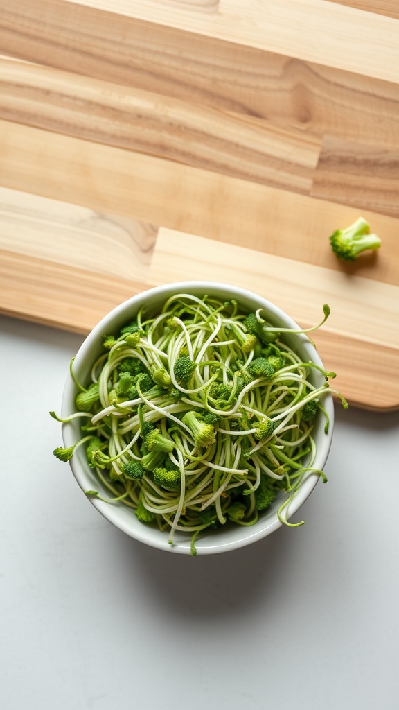 A bowl of fresh broccoli sprouts on a wooden cutting board