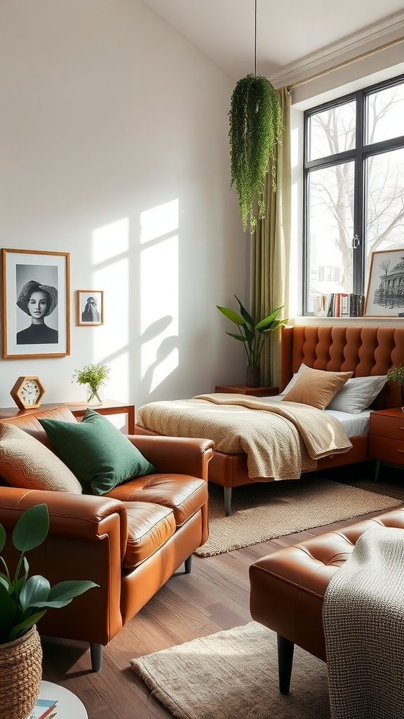 A cozy bedroom with brown leather furniture and olive green accents, featuring a bed, seating area, and plants.