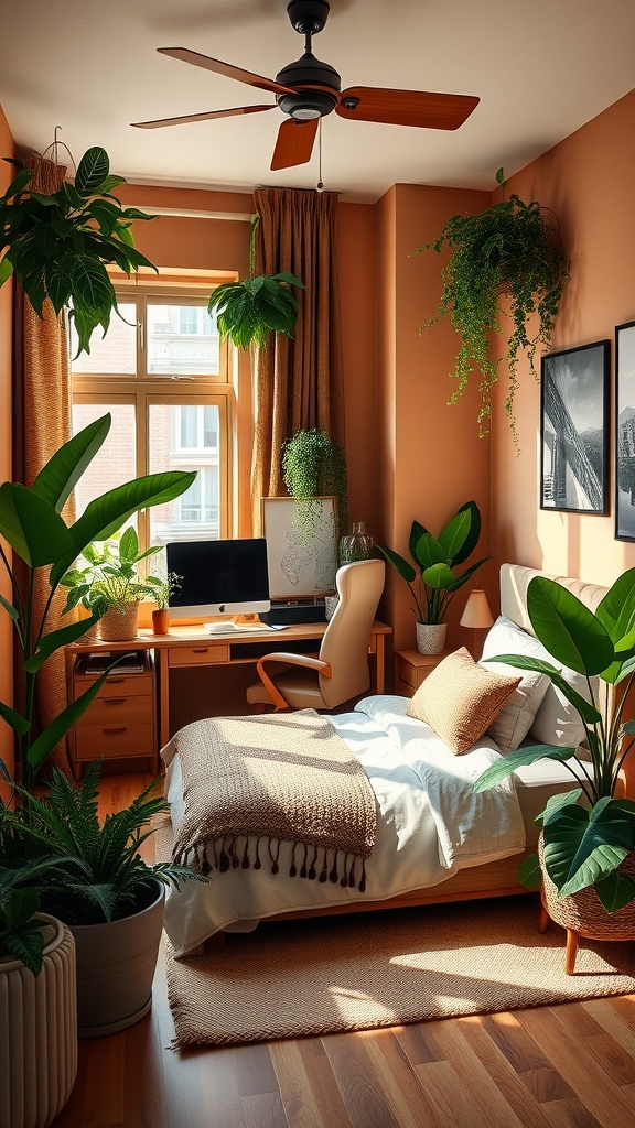 A cozy bedroom office with brown tones and green plants, featuring a desk, bed, and natural light.