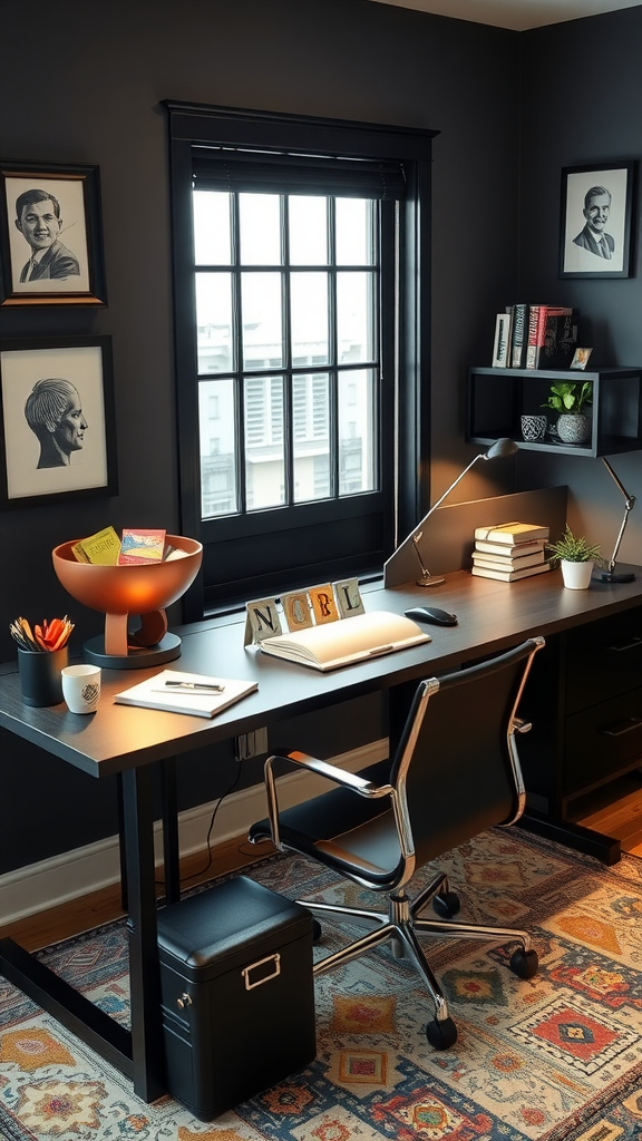 A cozy and organized home office with a desk, chair, and decorative items.