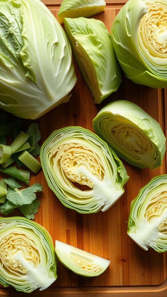 Freshly cut cabbage sections on a wooden board.