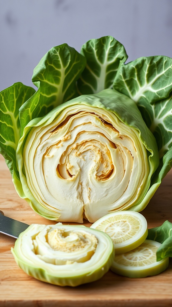 A fresh head of cabbage cut open with slices of lemon, showcasing its vibrant green leaves.