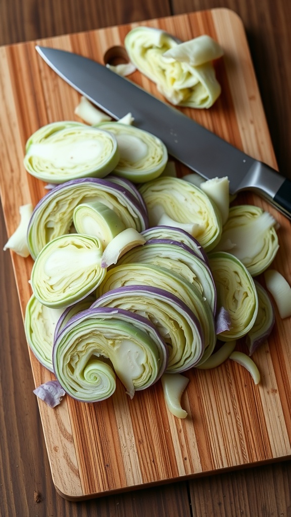 Thinly sliced cabbage on a wooden cutting board with a knife