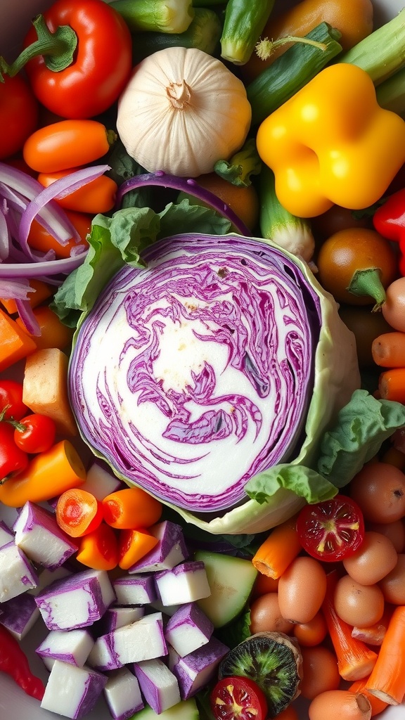 A variety of colorful vegetables, including a head of cabbage, arranged in a vibrant display.