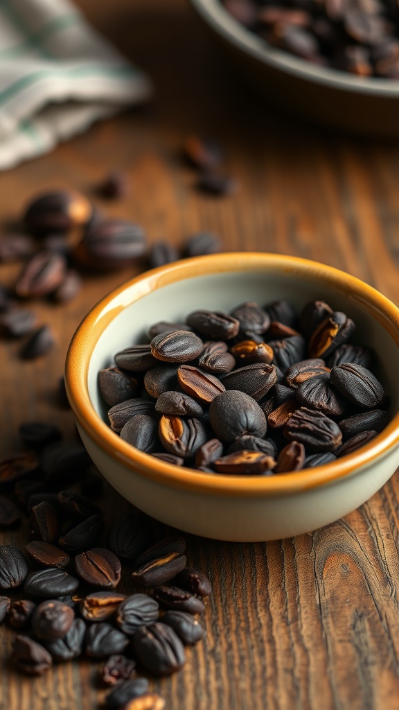 A bowl of cacao nibs on a wooden table, surrounded by scattered cacao beans.