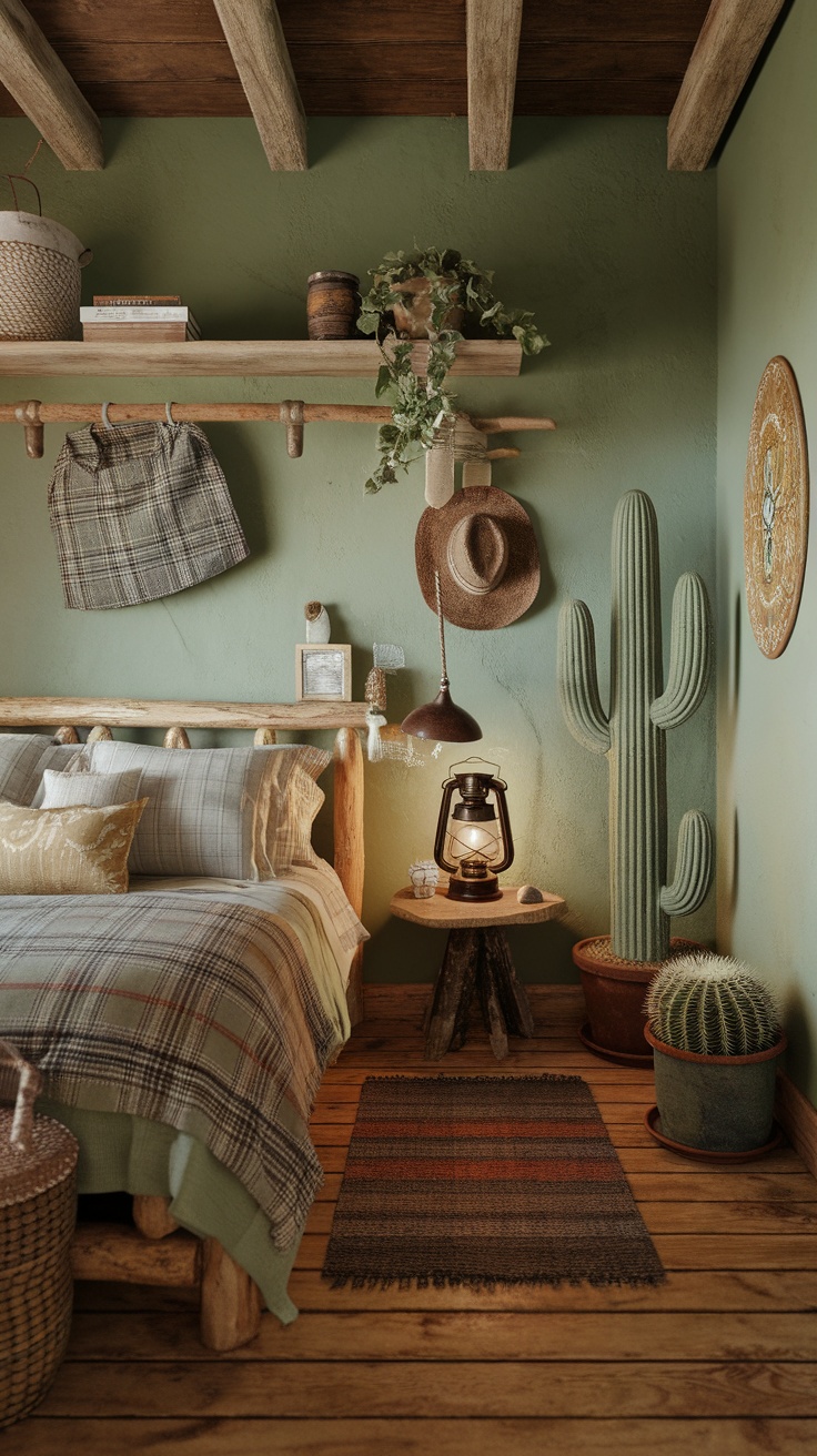 Cozy home office setup with cactus green walls and rustic decor