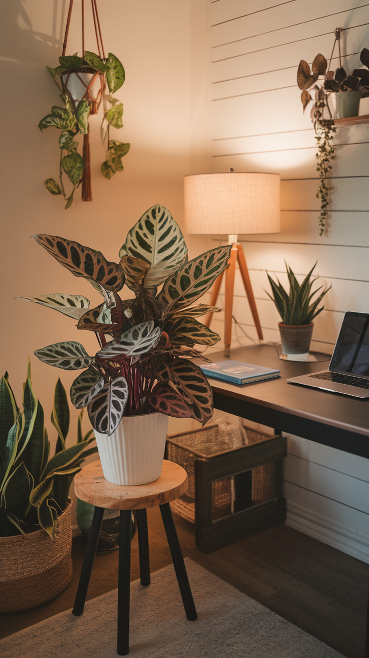 A vibrant Calathea plant with intricate leaf patterns set in a cozy indoor space.