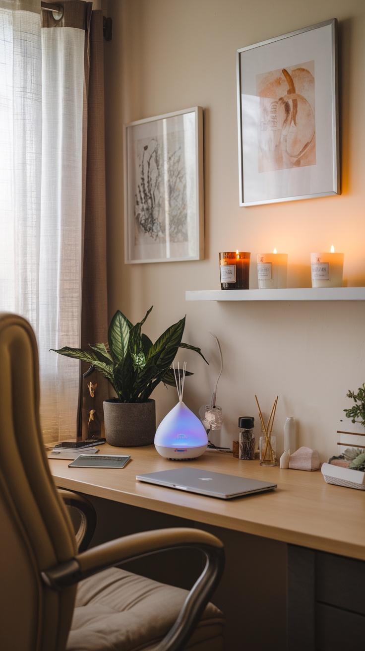 A stylish home office featuring a diffuser, candles, and plants, creating a calming aromatherapy environment.