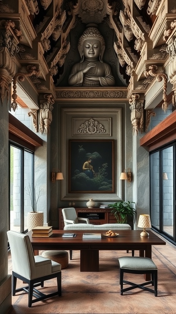 A serene home office featuring Cambodian Angkor architectural elements, including intricate ceiling carvings and a Buddha statue.