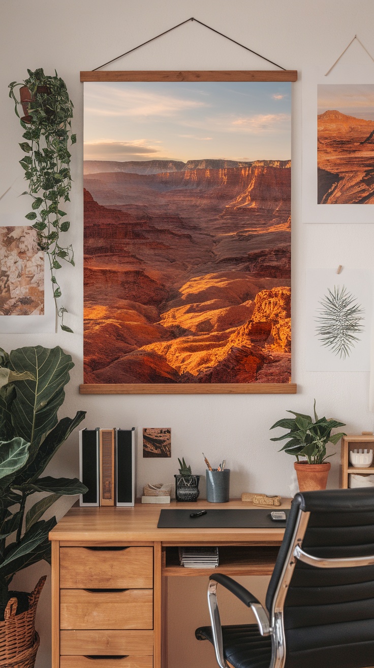 A canyon view landscape image framed in a cozy home office setting with a wooden desk and plants.