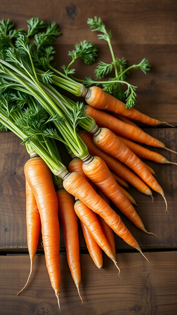 Fresh bunch of carrots with green tops on a wooden surface.