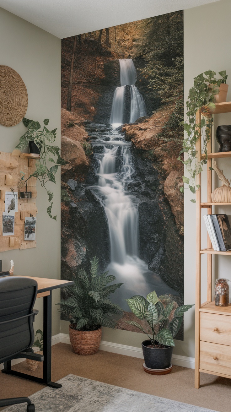 A home office featuring a cascading waterfall mural on the back wall, with plants and a wooden desk