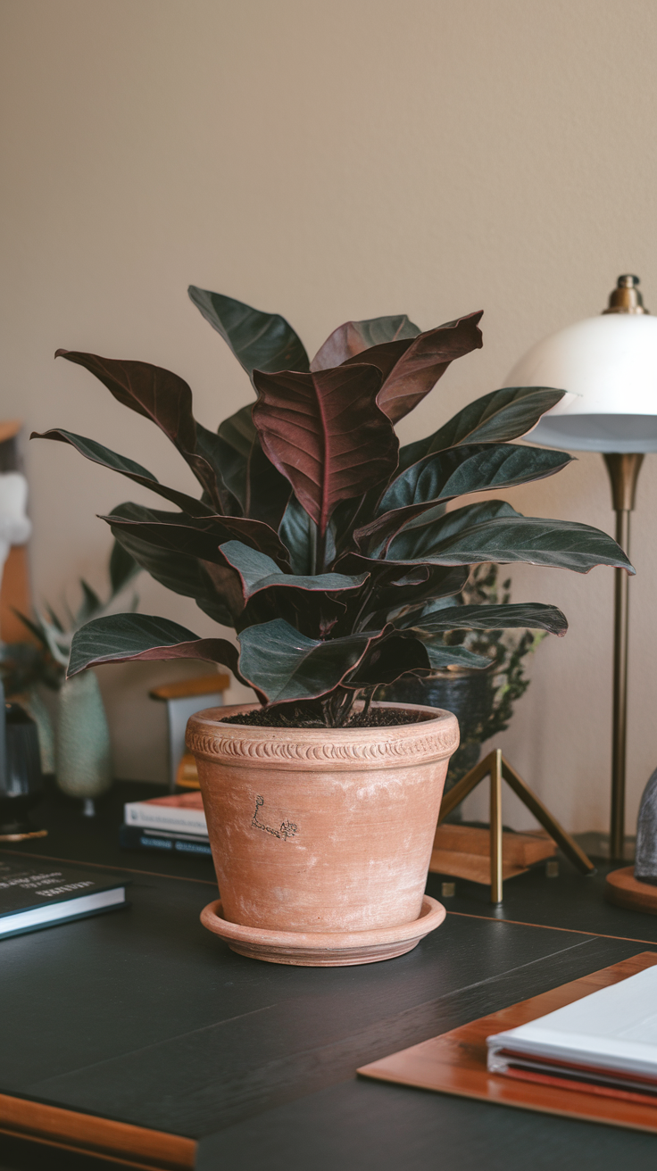 A healthy Cast Iron Plant in a terracotta pot on a desk