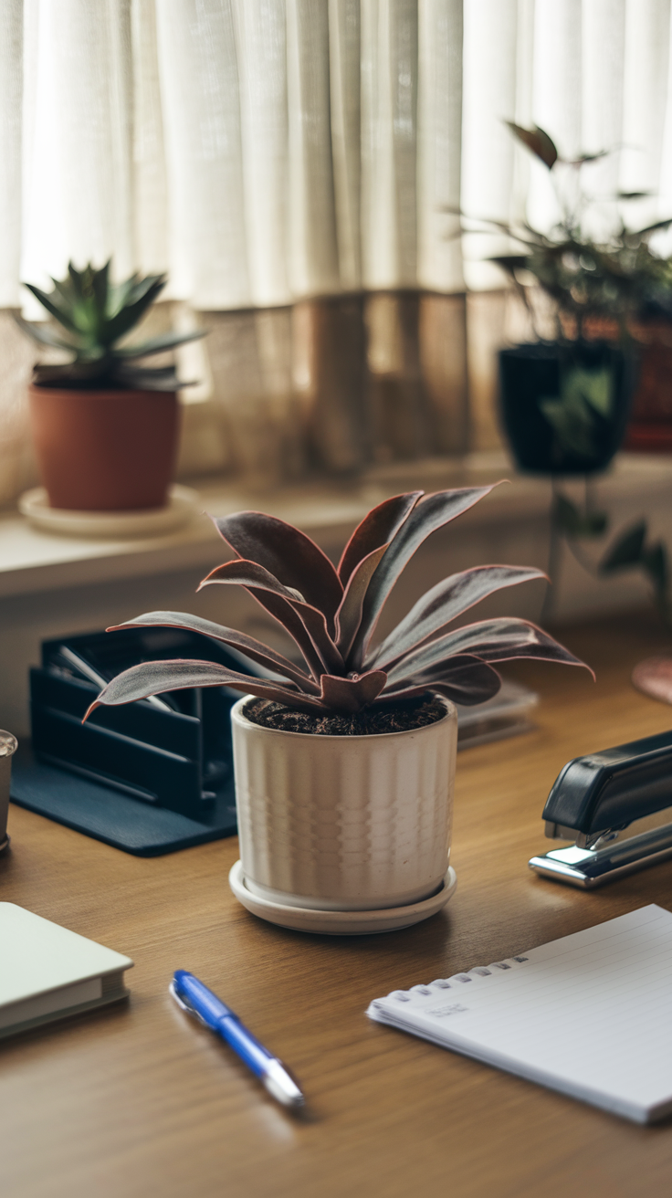 A Cast Iron Plant in a pot on a desk with a notebook and pen nearby.