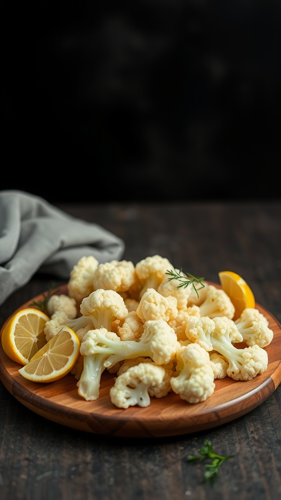 Fresh cauliflower florets and lemon slices arranged on a wooden platter