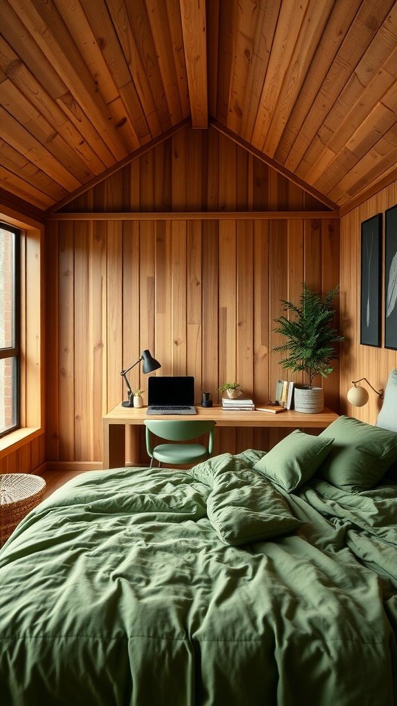 A cozy bedroom featuring cedar wood paneling, a moss green bed, and a work desk with a computer.