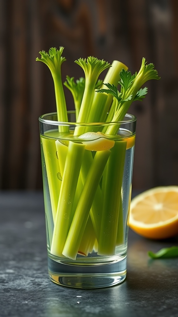 A glass of fresh celery stalks in water with lemon.