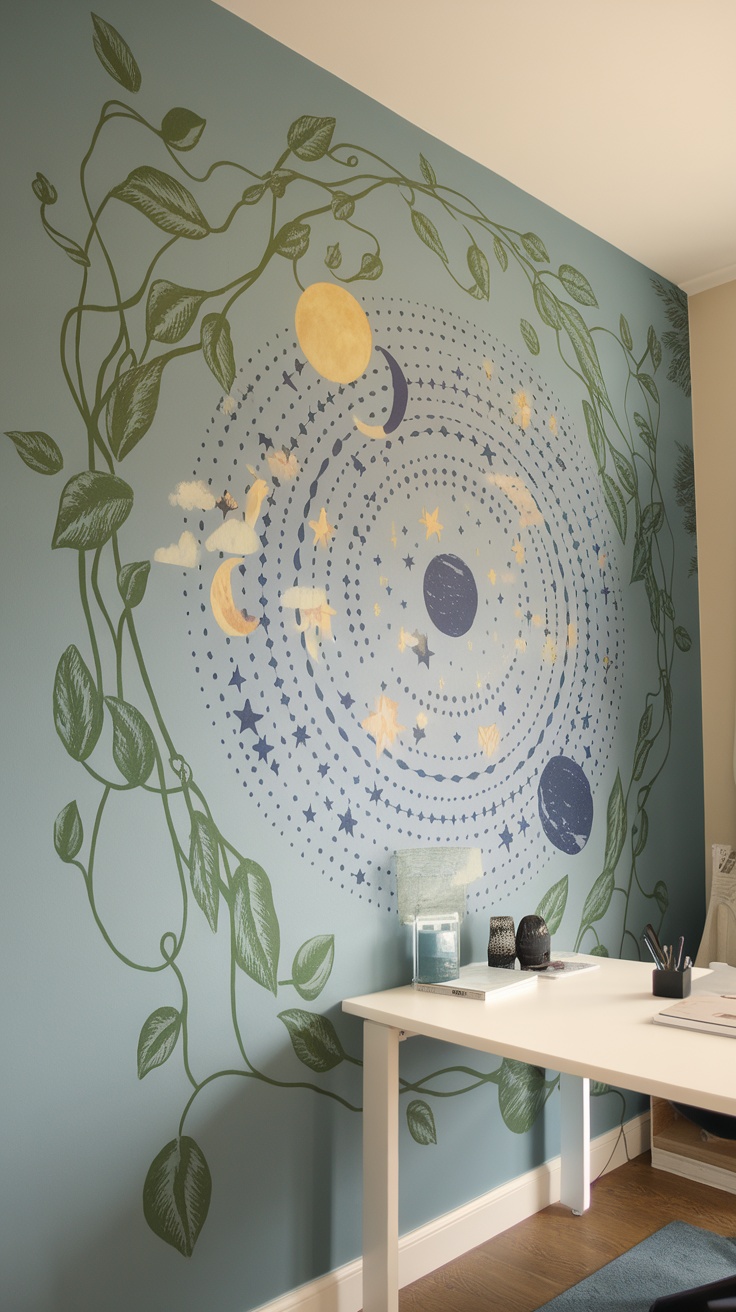 A wall mural featuring celestial patterns with vines in a home office.