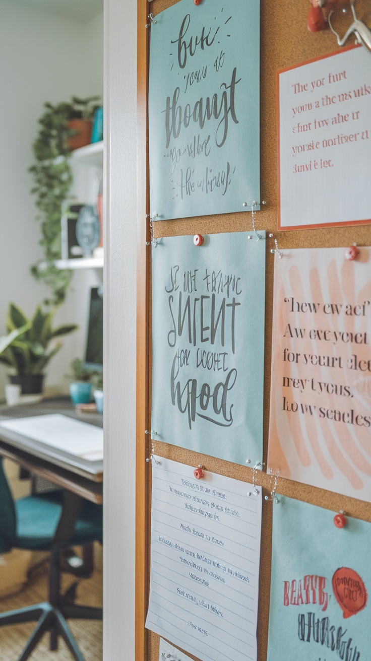 A cork bulletin board with colorful papers and notes, set in a cozy home office