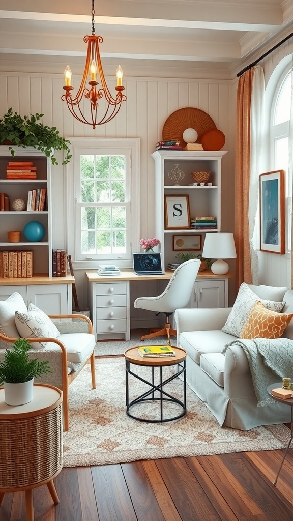 A cozy cottage office with a wooden desk, comfortable seating, and warm lighting.