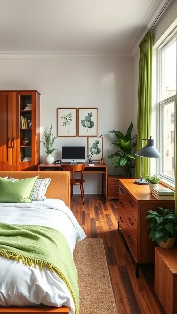 A cozy bedroom featuring chestnut wood furniture and fern green accents, with a workspace that blends seamlessly into the decor.