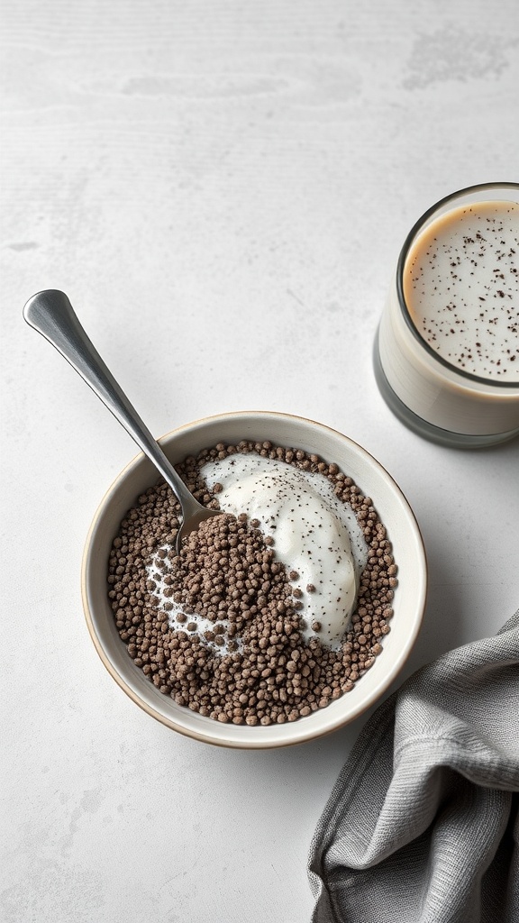 A bowl of chia seeds topped with yogurt and spices, alongside a glass of chia pudding.