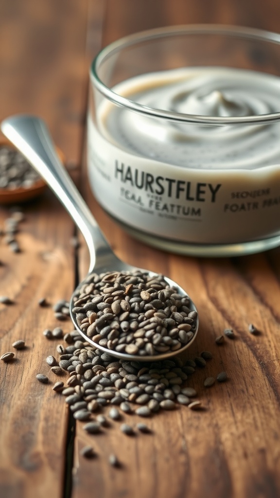 A spoon of chia seeds on a wooden table with a bowl of creamy substance in the background.