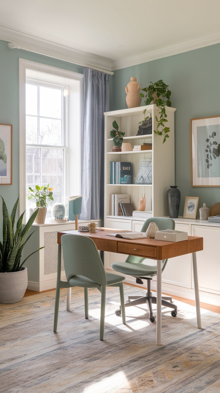 A stylish home office with a wooden desk, green chairs, and plants, featuring a soft green wall and natural light.