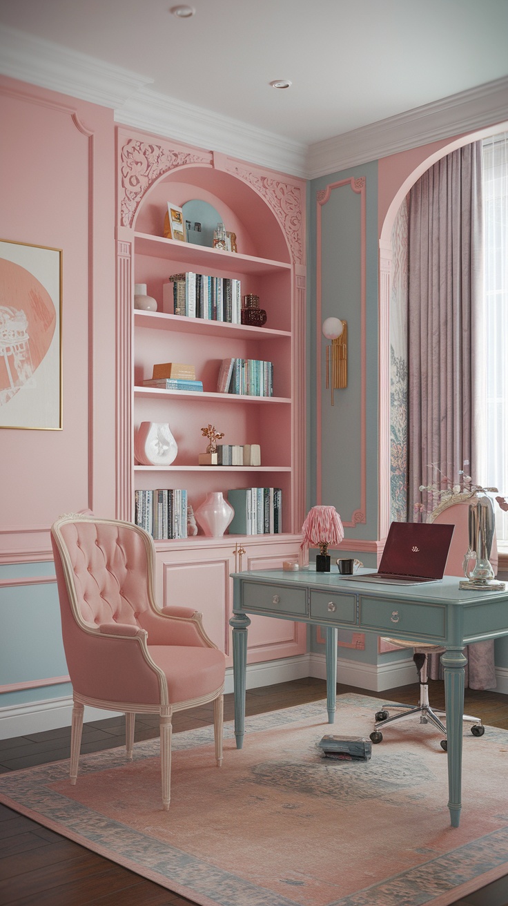 A chic feminine home office with pink walls, a pastel blue desk, a plush pink chair, and built-in shelving.