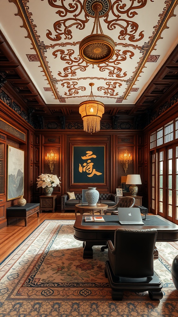 An elegant home office designed in Chinese Palace Style, featuring rich wood paneling, ornate ceiling, and traditional decor.
