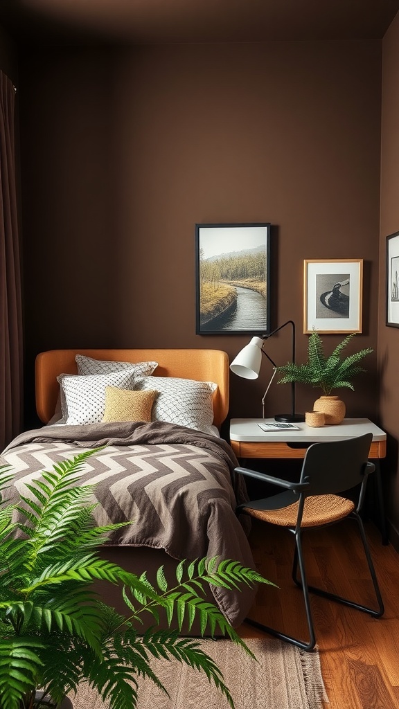 Cozy bedroom with chocolate brown walls, a stylish bed, and a small desk area with ferns